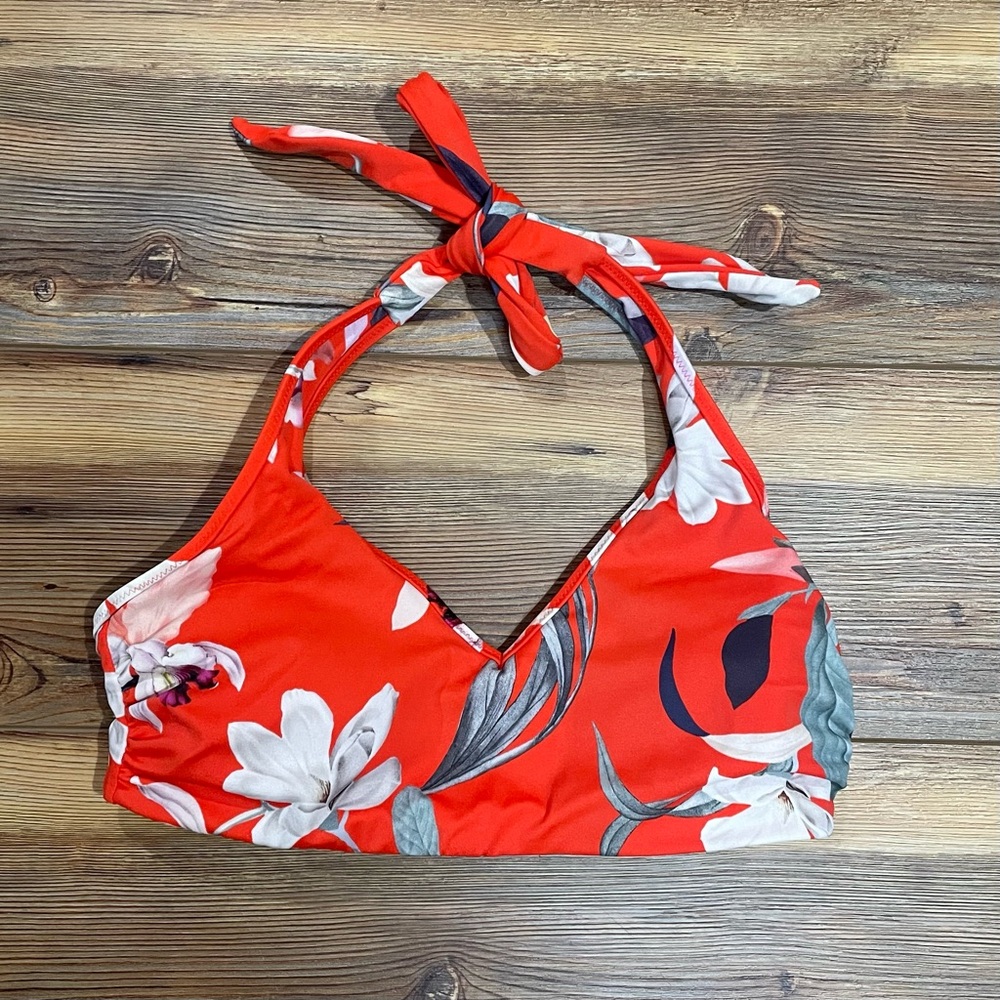 Athleta Waimea Halter Bikini Top Orange Floral Resort Size Small Padded EUC